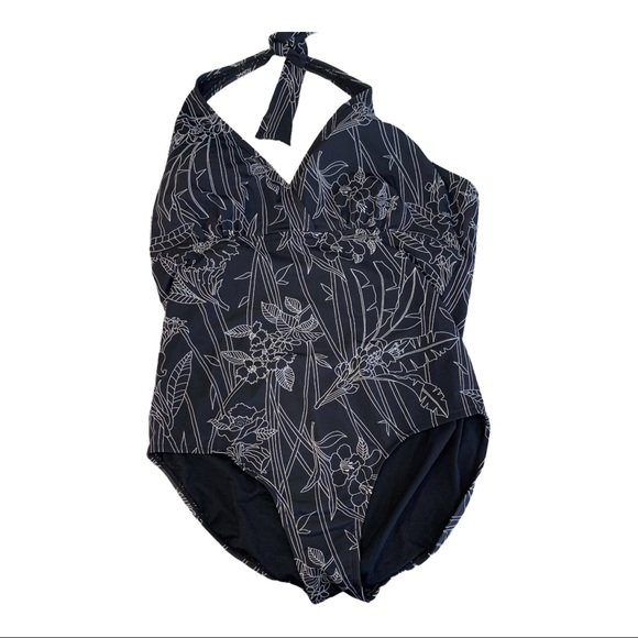 Cherokee Plus Sized Swim Suit 24w Black and White Halter Top Bra - Picture 1 of 6